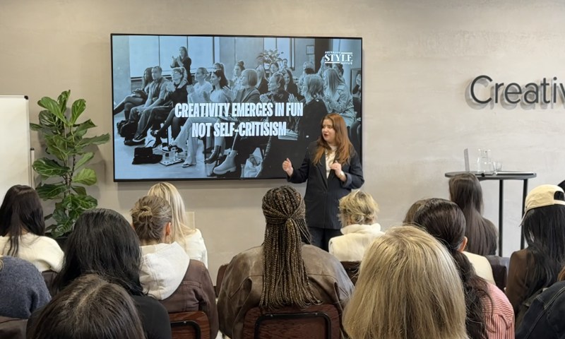 Fashion stylist and educator Brenda Nepomuceno presenting an interactive fashion styling workshop to a group of students at Australian Style Institute in Melbourne.